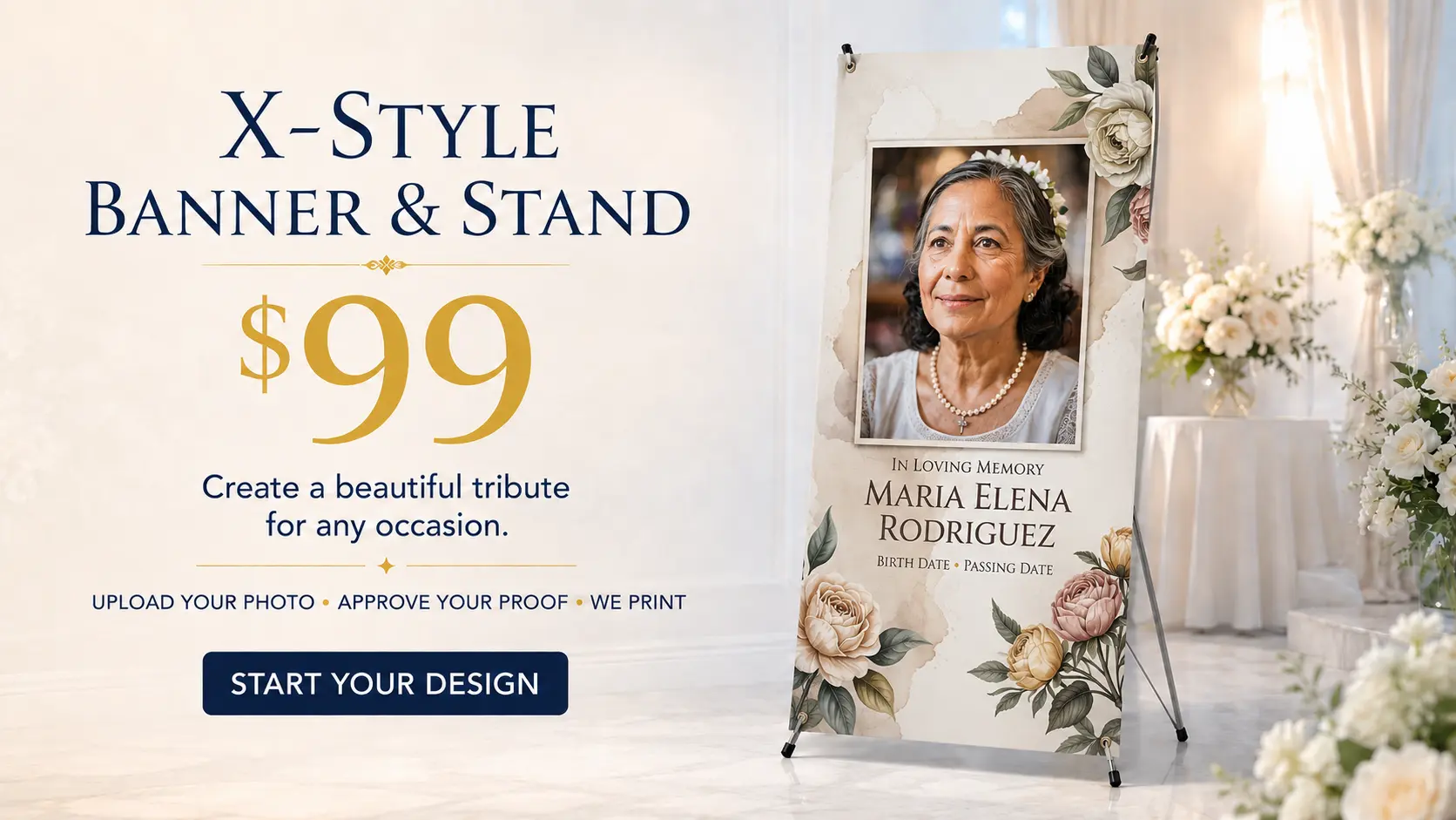 X-style banner and stand memorial with soft watercolor floral design