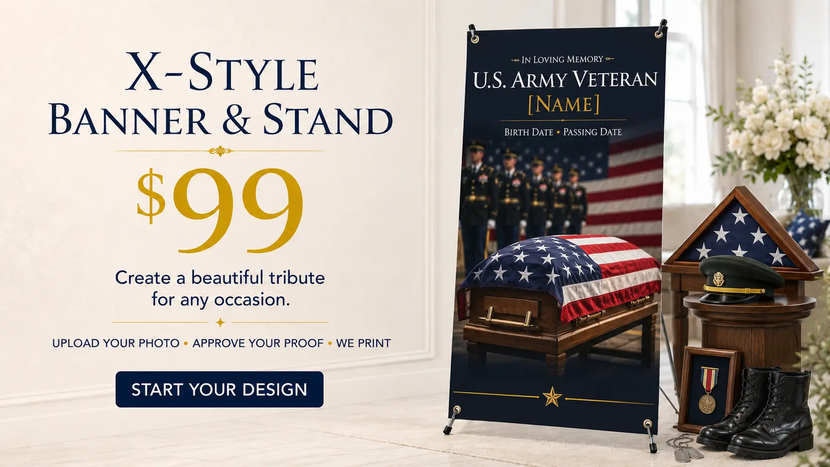 X-style banner and stand honoring a U.S. Army veteran