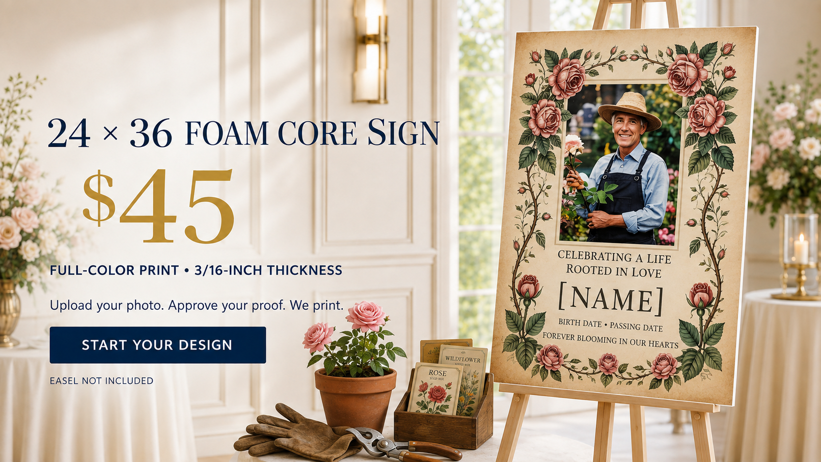 24" x 36" foam core memorial sign with vintage rose garden design