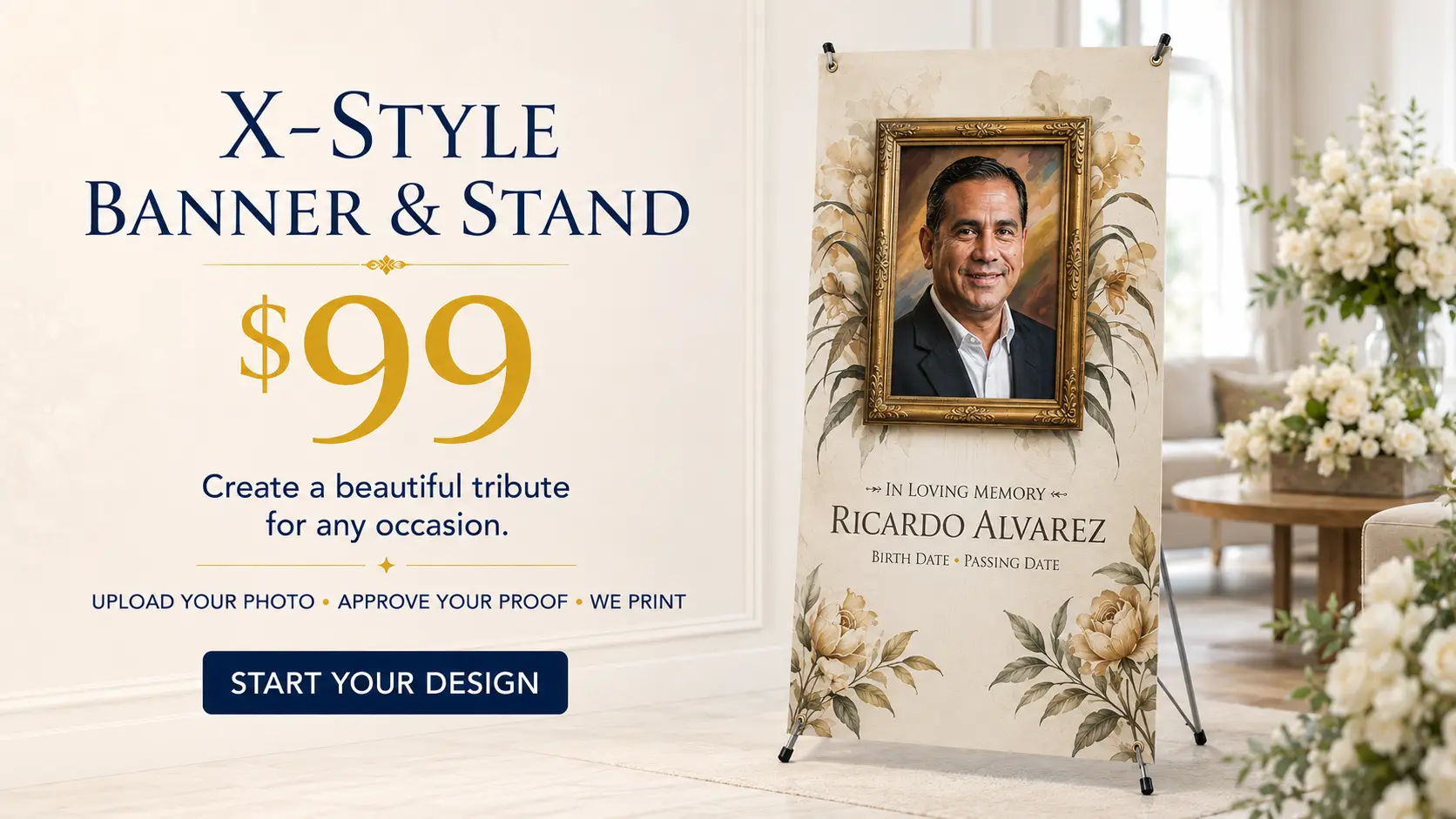X-style banner and stand memorial with gold framed portrait