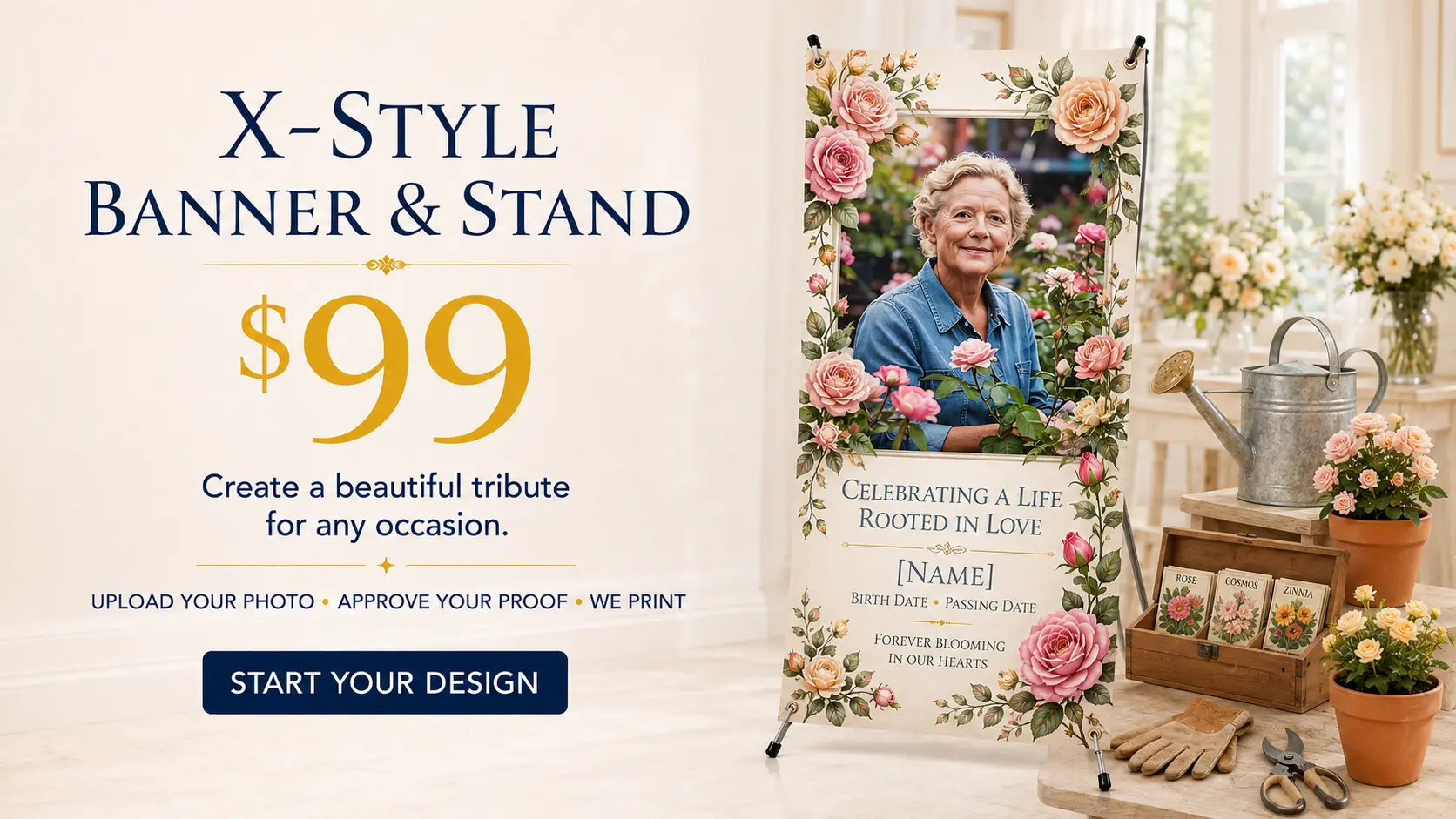 X-style banner and stand memorial for a gardener with rose design