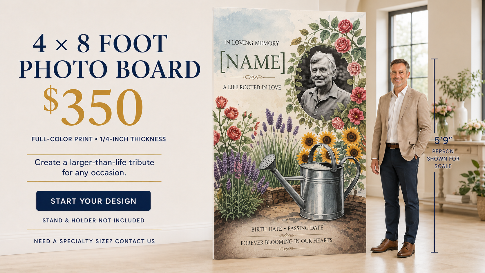 4' x 8' photo board memorial with watercolor garden and sunflower design