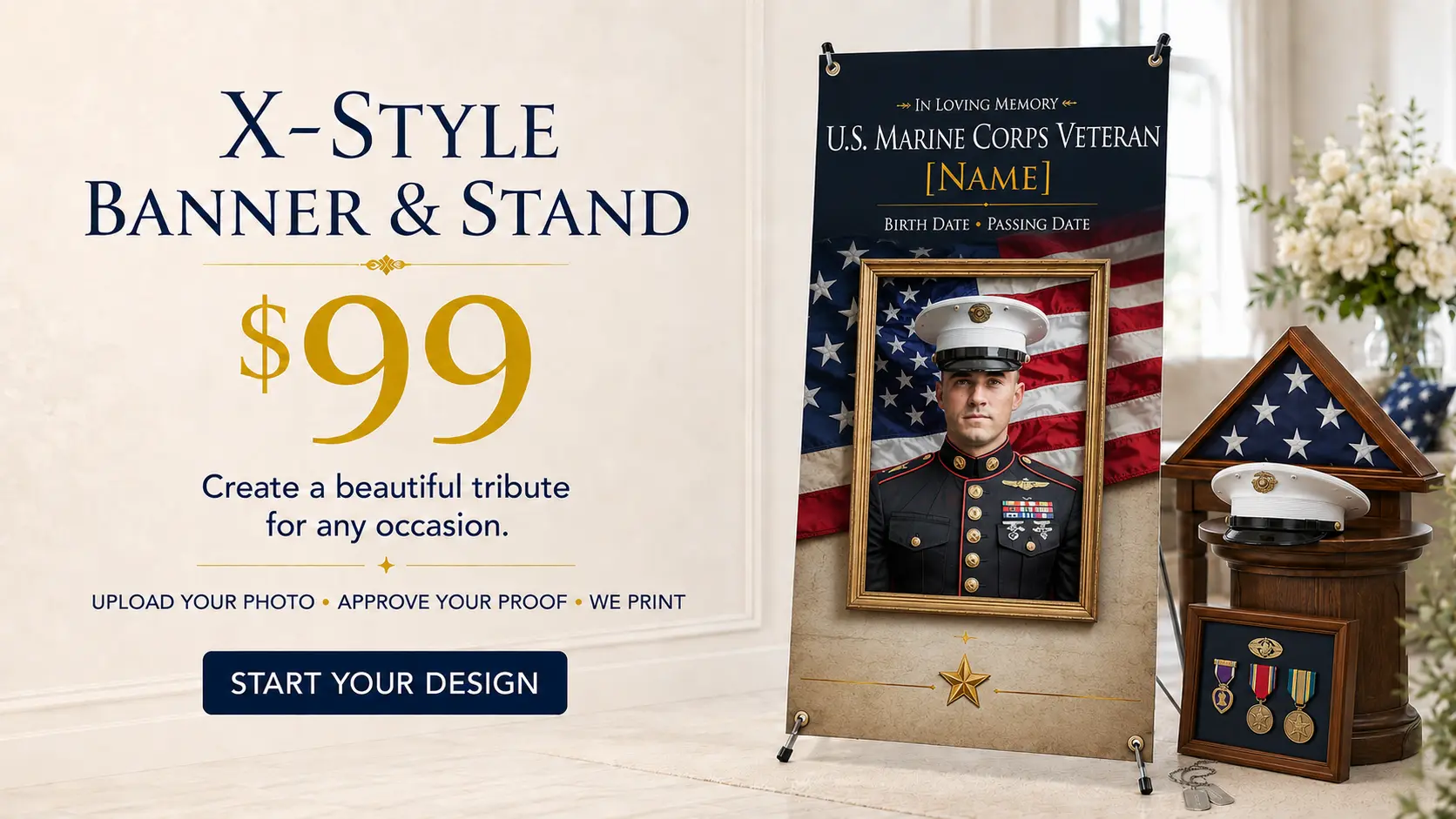 X-style banner and stand honoring a U.S. Marine Corps veteran