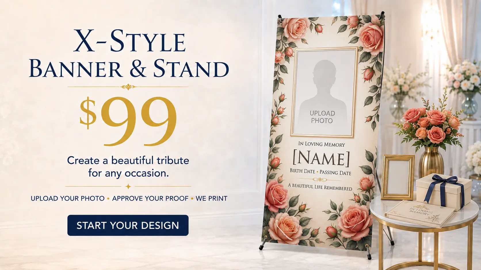 X-style banner and stand with rose border and upload photo frame