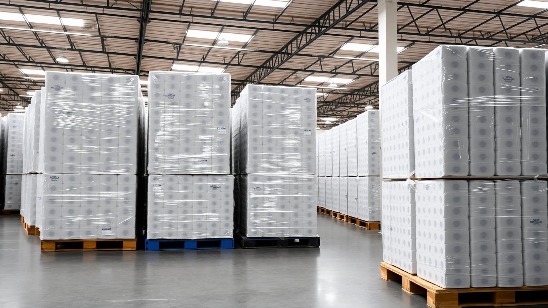 Warehouse with pallets of paper products
